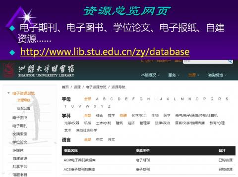 进入“资源总览”网页( http://www.lib.stu.edu.cn/zy/database ),可以看到所有数据库,在中上位位置以“字母”、“学科”、“语言”角度,在左侧栏以资源类型( 如电子图书、电子期刊等)进行分类,方便查询。中间位置是具体资源列表,可点击具体的数据库名查看详细信息。